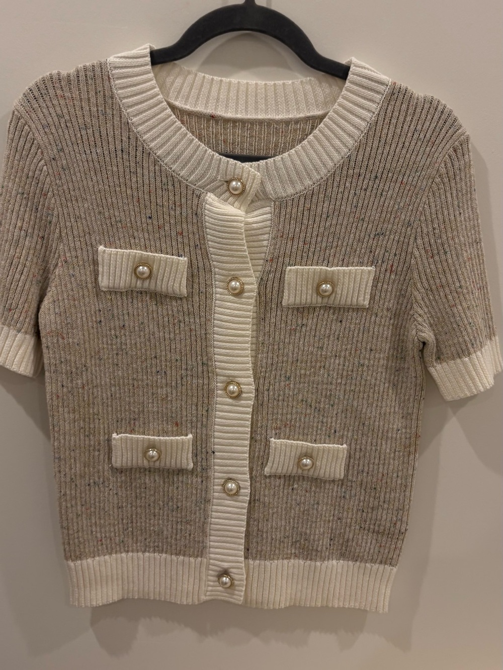 Amazon Cream Speckled Short-Sleeve Button-Down Top with Pearl Buttons
